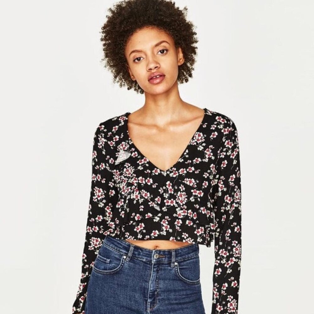 {Zara} Floral Ruffle Long Sleeve Crop Top Blouse~ Size Small - Picture 1 of 16